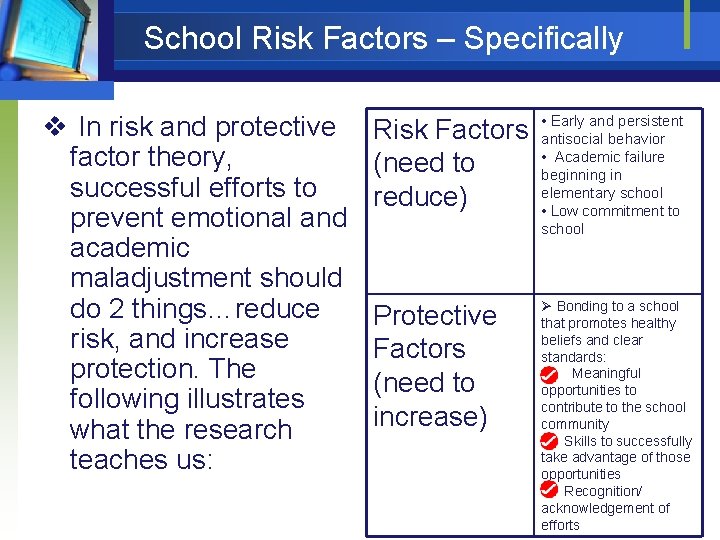 School Risk Factors – Specifically v In risk and protective factor theory, successful efforts