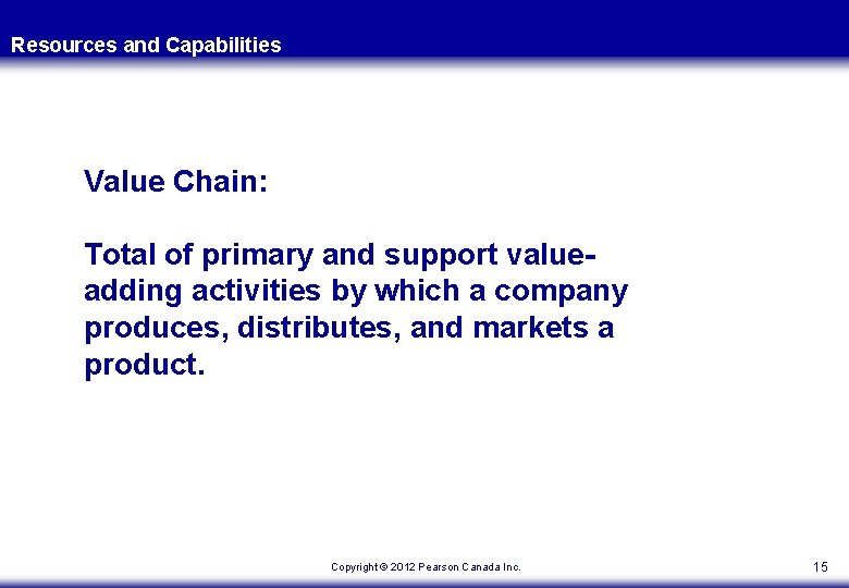 Resources and Capabilities Value Chain: Total of primary and support valueadding activities by which