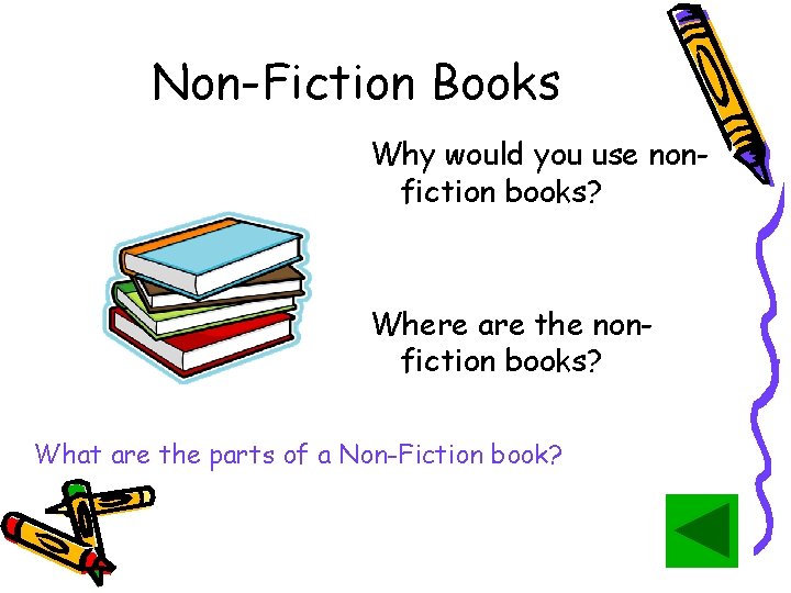 Non-Fiction Books Why would you use nonfiction books? Where are the nonfiction books? What