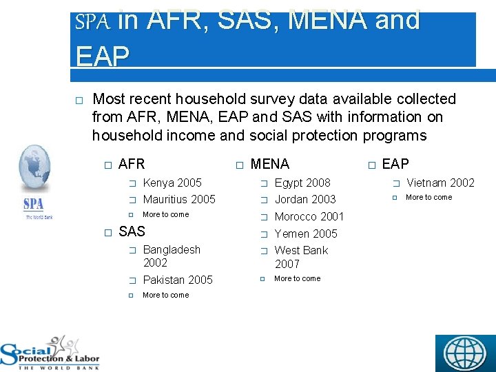 9 SPA in AFR, SAS, MENA and EAP Most recent household survey data available