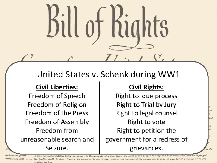 United States v. Schenk during WW 1 Civil Liberties: Freedom of Speech Freedom of