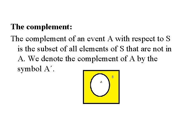 The complement: The complement of an event A with respect to S is the