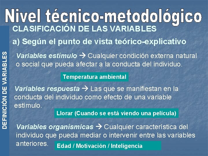 CLASIFICACIÓN DE LAS VARIABLES DEFINICIÓN DE VARIABLES a) Según el punto de vista teórico-explicativo