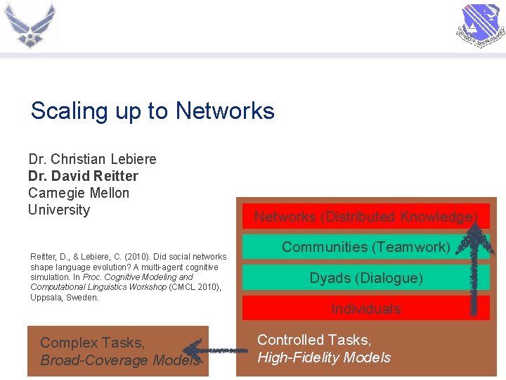 Scaling up to Networks Dr. Christian Lebiere Dr. David Reitter Carnegie Mellon University Reitter,