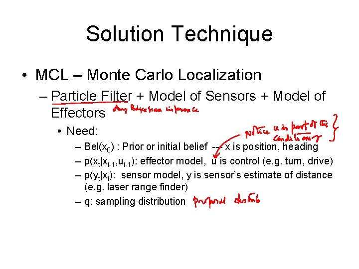 Solution Technique • MCL – Monte Carlo Localization – Particle Filter + Model of