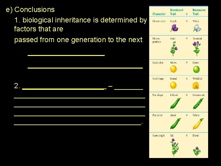 e) Conclusions 1. biological inheritance is determined by factors that are passed from one