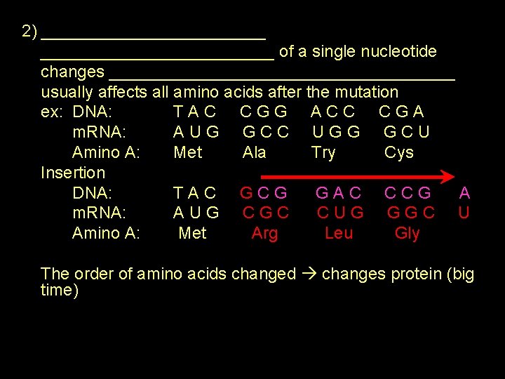 2) _________________________ of a single nucleotide changes ___________________ usually affects all amino acids after
