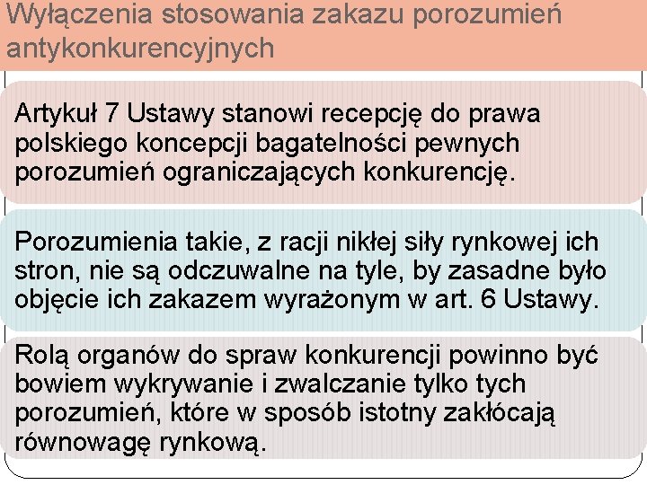 Wyłączenia stosowania zakazu porozumień antykonkurencyjnych Artykuł 7 Ustawy stanowi recepcję do prawa polskiego koncepcji