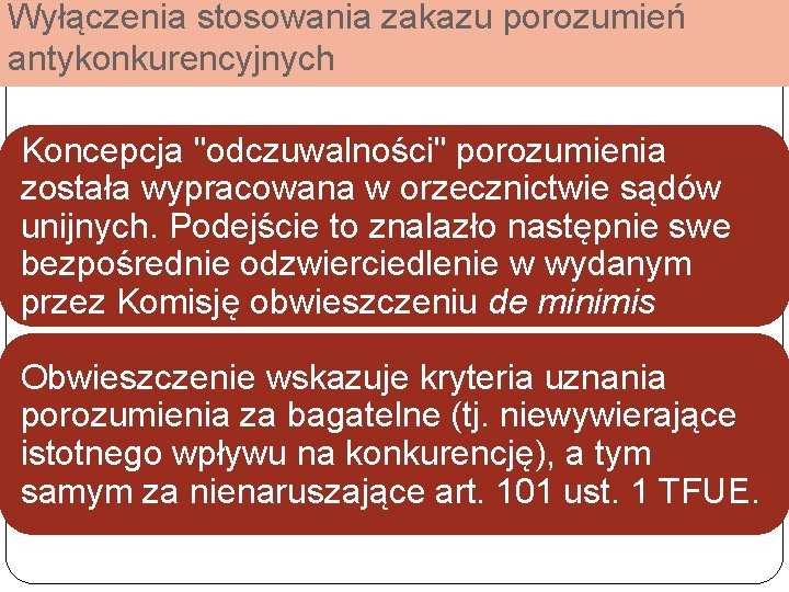 Wyłączenia stosowania zakazu porozumień antykonkurencyjnych Koncepcja "odczuwalności" porozumienia została wypracowana w orzecznictwie sądów unijnych.