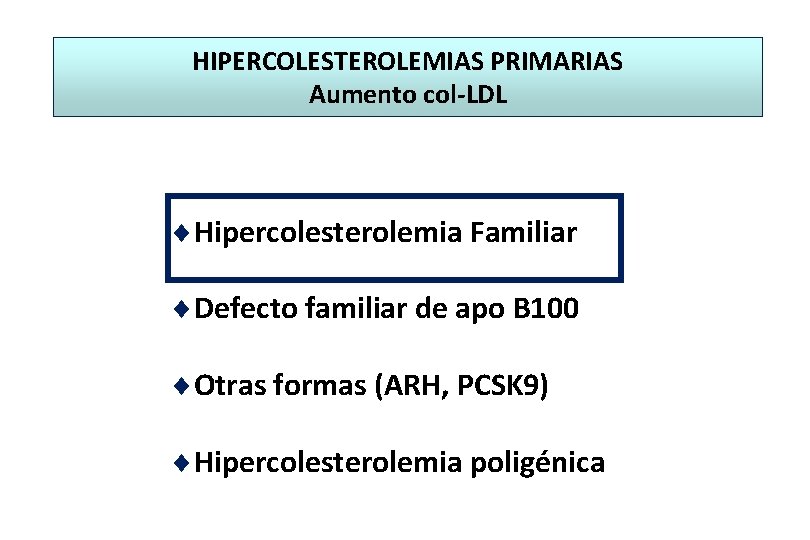 HIPERCOLESTEROLEMIAS PRIMARIAS Aumento col-LDL ¨Hipercolesterolemia Familiar ¨Defecto familiar de apo B 100 ¨Otras formas
