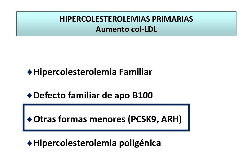 HIPERCOLESTEROLEMIAS PRIMARIAS Aumento col-LDL ¨Hipercolesterolemia Familiar ¨Defecto familiar de apo B 100 ¨Otras formas