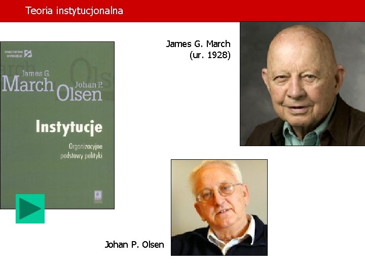 Teoria instytucjonalna James G. March (ur. 1928) Johan P. Olsen 