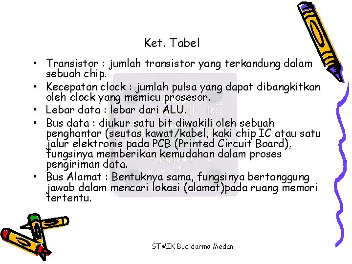 Ket. Tabel • Transistor : jumlah transistor yang terkandung dalam sebuah chip. • Kecepatan