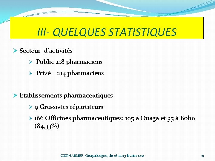 III- QUELQUES STATISTIQUES Ø Secteur d’activités Ø Public 218 pharmaciens Ø Privé 214 pharmaciens