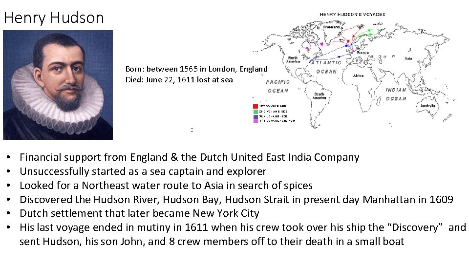 Henry Hudson Born: between 1565 in London, England Died: June 22, 1611 lost at