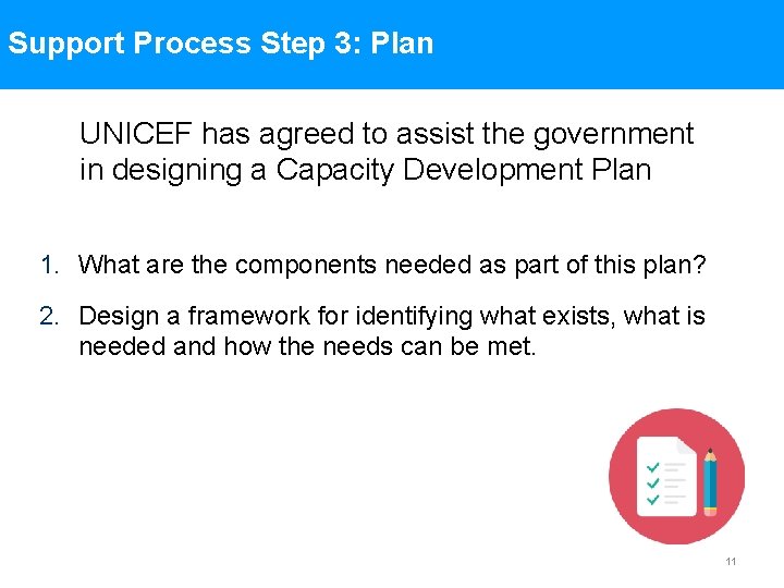Support Process Step 3: Plan UNICEF has agreed to assist the government in designing