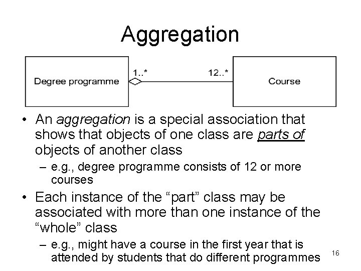 Aggregation • An aggregation is a special association that shows that objects of one