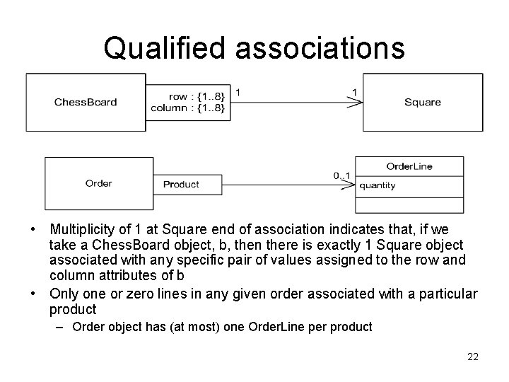 Qualified associations • Multiplicity of 1 at Square end of association indicates that, if