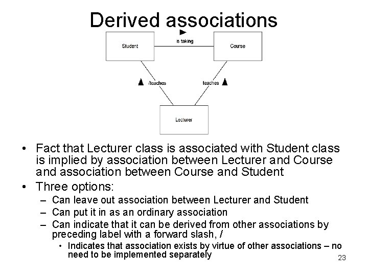 Derived associations • Fact that Lecturer class is associated with Student class is implied