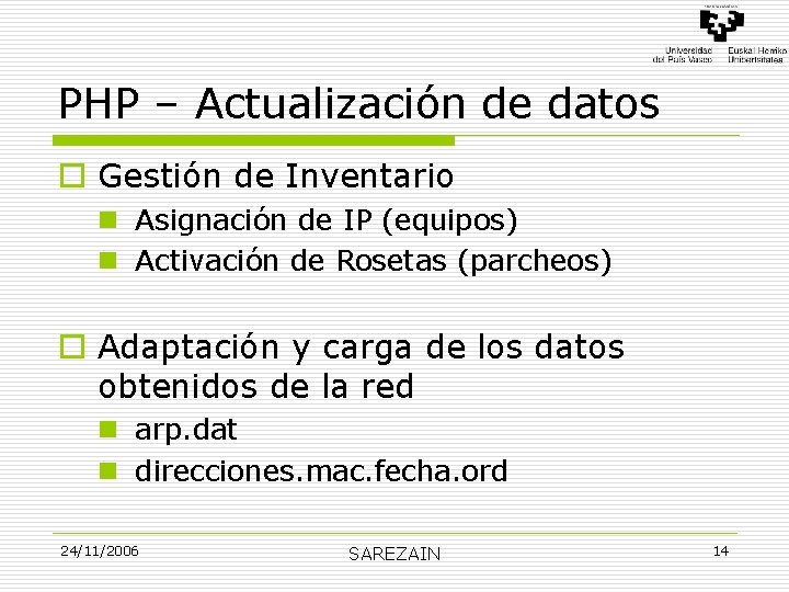 PHP – Actualización de datos o Gestión de Inventario n Asignación de IP (equipos)