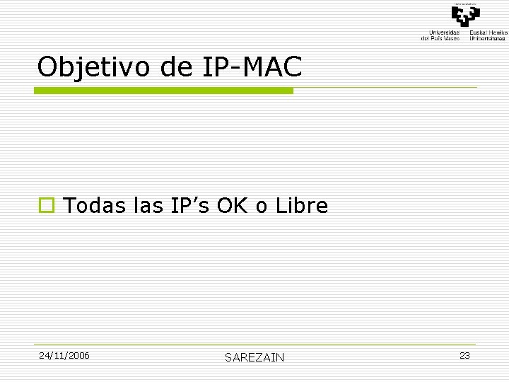 Objetivo de IP-MAC o Todas las IP’s OK o Libre 24/11/2006 SAREZAIN 23 