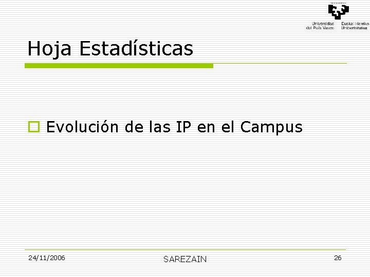 Hoja Estadísticas o Evolución de las IP en el Campus 24/11/2006 SAREZAIN 26 