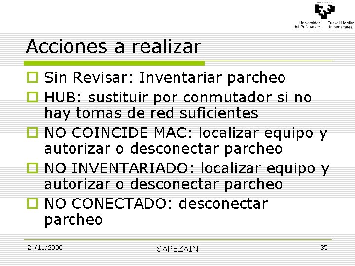 Acciones a realizar o Sin Revisar: Inventariar parcheo o HUB: sustituir por conmutador si