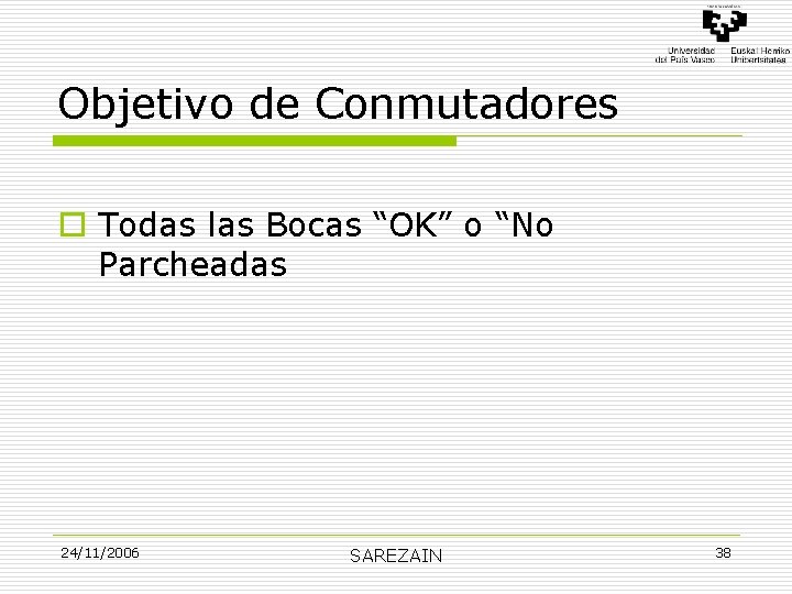 Objetivo de Conmutadores o Todas las Bocas “OK” o “No Parcheadas 24/11/2006 SAREZAIN 38