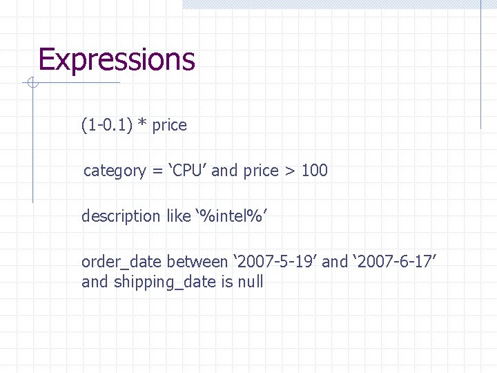 Expressions (1 -0. 1) * price category = ‘CPU’ and price > 100 description