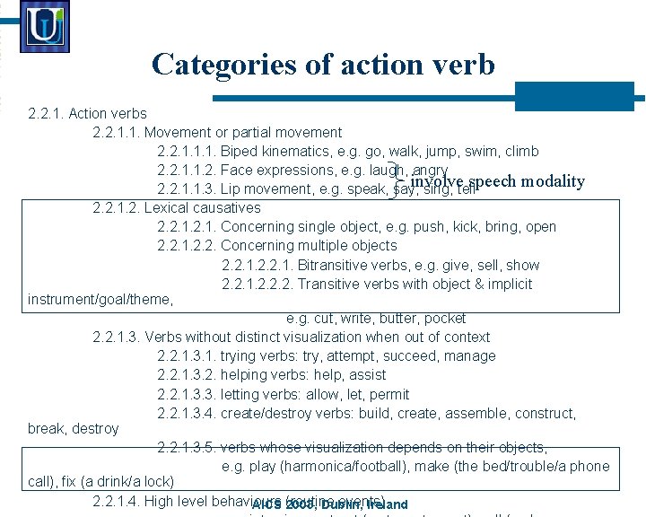 Categories of action verb 2. 2. 1. Action verbs 2. 2. 1. 1. Movement