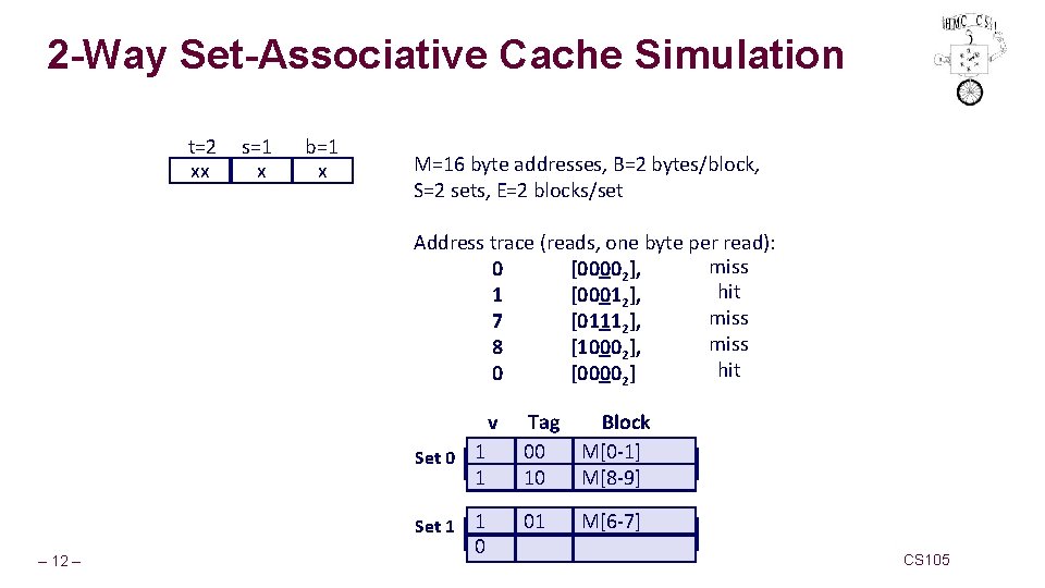 2 -Way Set-Associative Cache Simulation t=2 xx s=1 x b=1 x M=16 byte addresses,