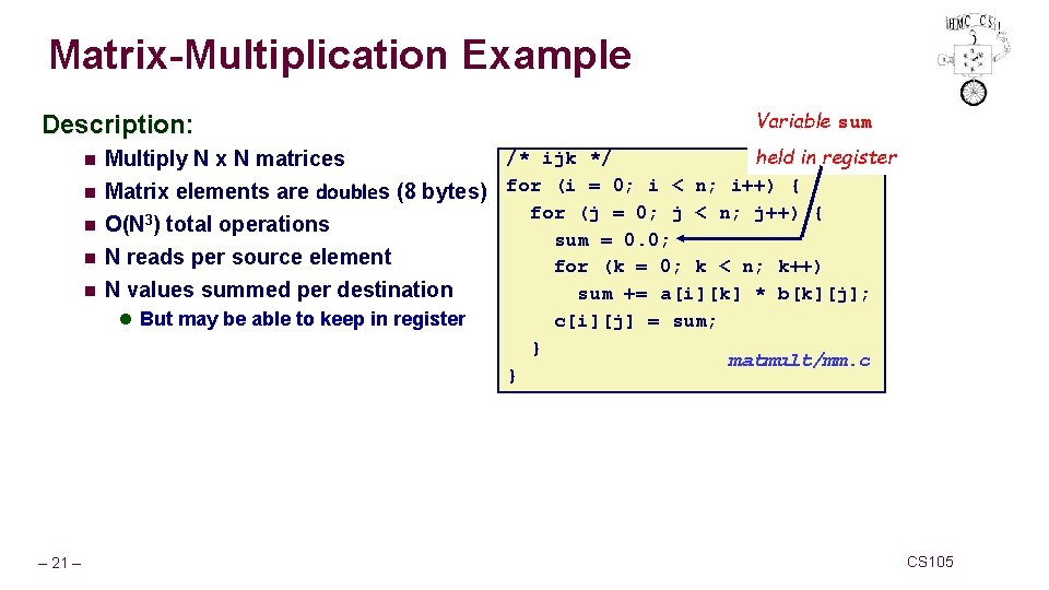 Matrix-Multiplication Example Variable sum Description: n n /* ijk */ held in register Multiply