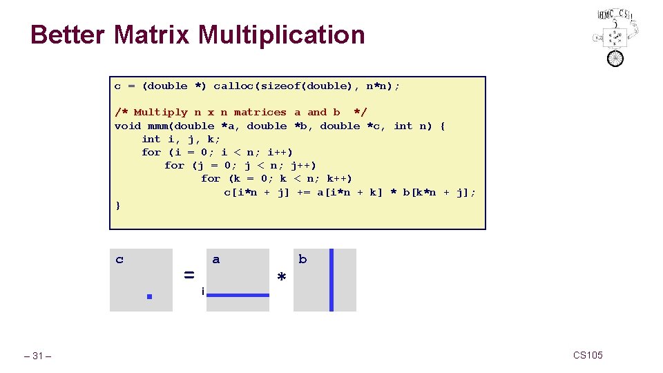 Better Matrix Multiplication c = (double *) calloc(sizeof(double), n*n); /* Multiply n x n
