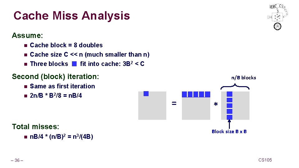 Cache Miss Analysis Assume: n Cache block = 8 doubles n Cache size C