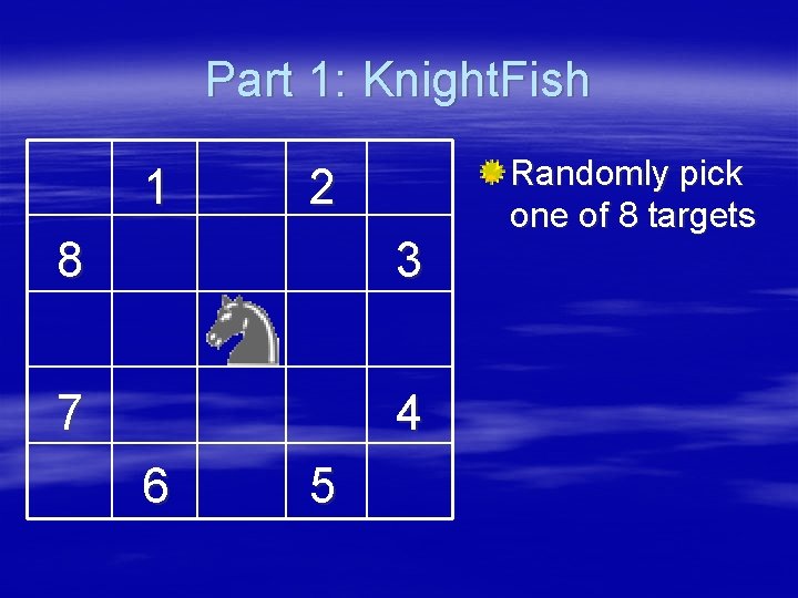 Part 1: Knight. Fish 1 2 8 3 7 4 6 5 Randomly pick