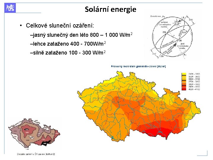 Solární energie • Celkové sluneční ozáření: –jasný slunečný den léto 800 – 1 000