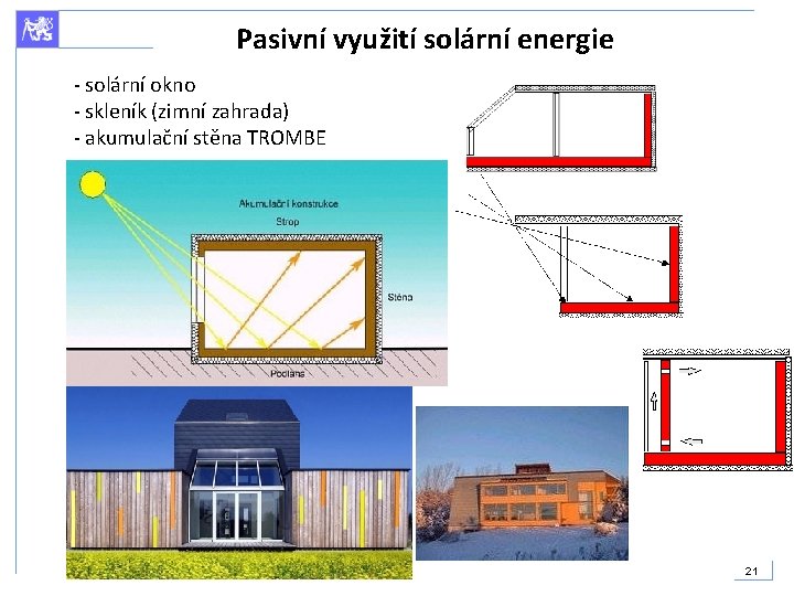 Pasivní využití solární energie - solární okno - skleník (zimní zahrada) - akumulační stěna