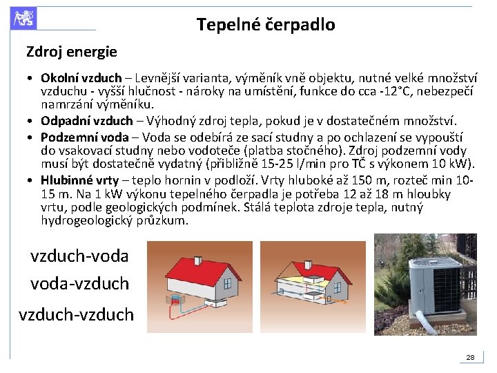 Tepelné čerpadlo Zdroj energie • Okolní vzduch – Levnější varianta, výměník vně objektu, nutné