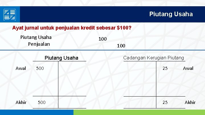Piutang Usaha Ayat jurnal untuk penjualan kredit sebesar $100? Piutang Usaha Penjualan 100 Piutang