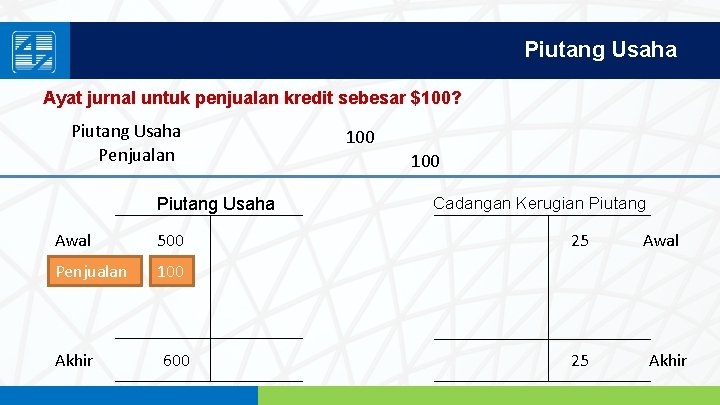 Piutang Usaha Ayat jurnal untuk penjualan kredit sebesar $100? Piutang Usaha Penjualan 100 Piutang