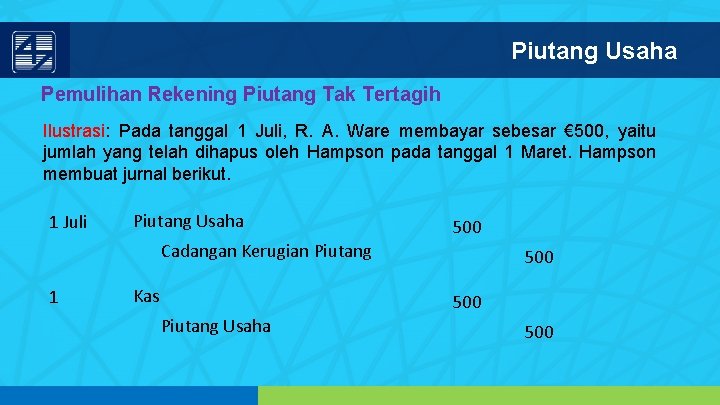 Piutang Usaha Pemulihan Rekening Piutang Tak Tertagih Ilustrasi: Pada tanggal 1 Juli, R. A.