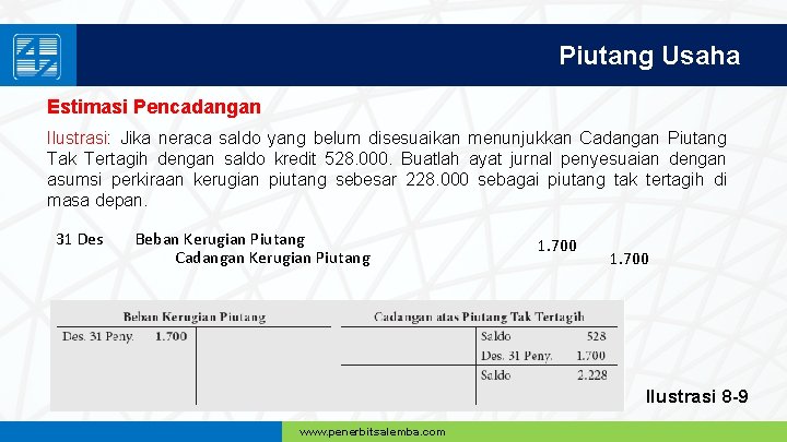 Piutang Usaha Estimasi Pencadangan Ilustrasi: Jika neraca saldo yang belum disesuaikan menunjukkan Cadangan Piutang