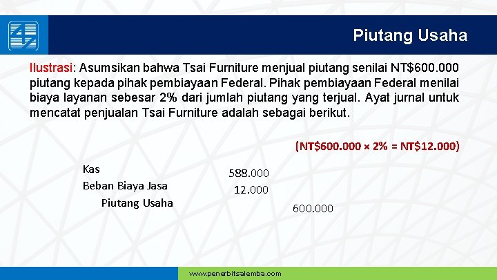 Piutang Usaha Ilustrasi: Asumsikan bahwa Tsai Furniture menjual piutang senilai NT$600. 000 piutang kepada