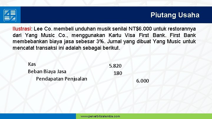 Piutang Usaha Ilustrasi: Lee Co. membeli unduhan musik senilai NT$6. 000 untuk restorannya dari