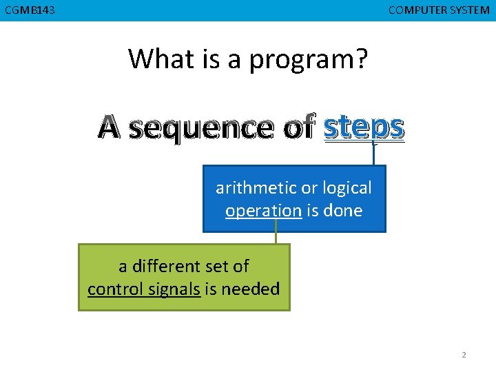 CGMB 143 CMPD 223 COMPUTER SYSTEM COMPUTER ORGANIZATION What is a program? A sequence