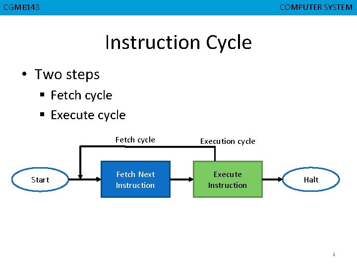 CGMB 143 CMPD 223 COMPUTER SYSTEM COMPUTER ORGANIZATION Instruction Cycle • Two steps §