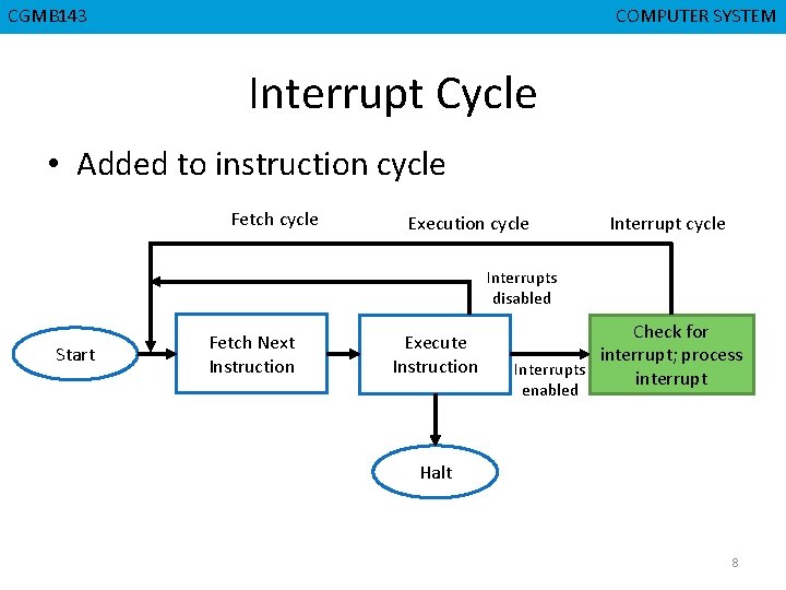 CGMB 143 CMPD 223 COMPUTER SYSTEM COMPUTER ORGANIZATION Interrupt Cycle • Added to instruction