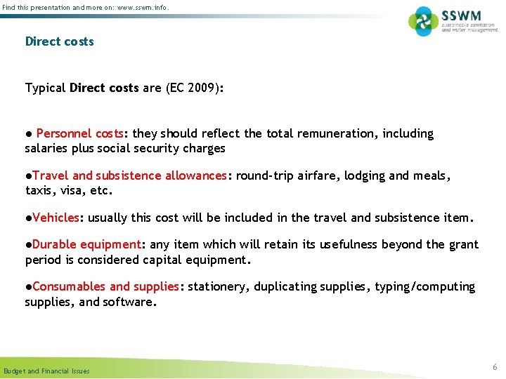 Find this presentation and more on: www. sswm. info. Direct costs Typical Direct costs