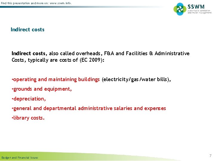 Find this presentation and more on: www. sswm. info. Indirect costs, also called overheads,