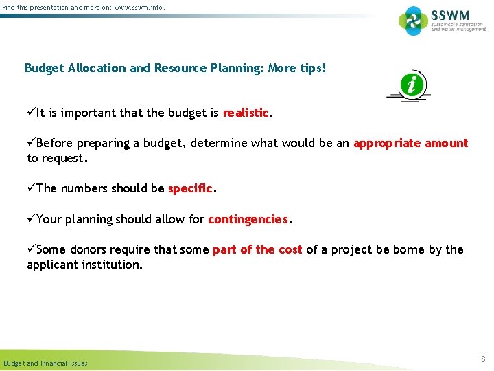 Find this presentation and more on: www. sswm. info. Budget Allocation and Resource Planning: